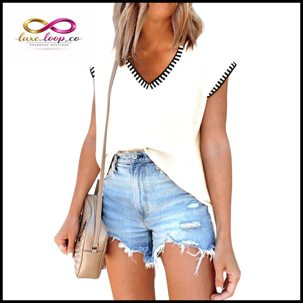 Sleeveless V-Neck Sweater Vest Cap Sleeve Pullover Tank Top Casual Loose Fit